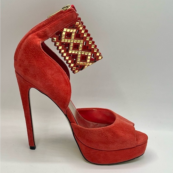 BEBE Coral Gold Embellished Ankle Strap Peeptoe 5”/1” Platform Heels Size 7 - Picture 3 of 9